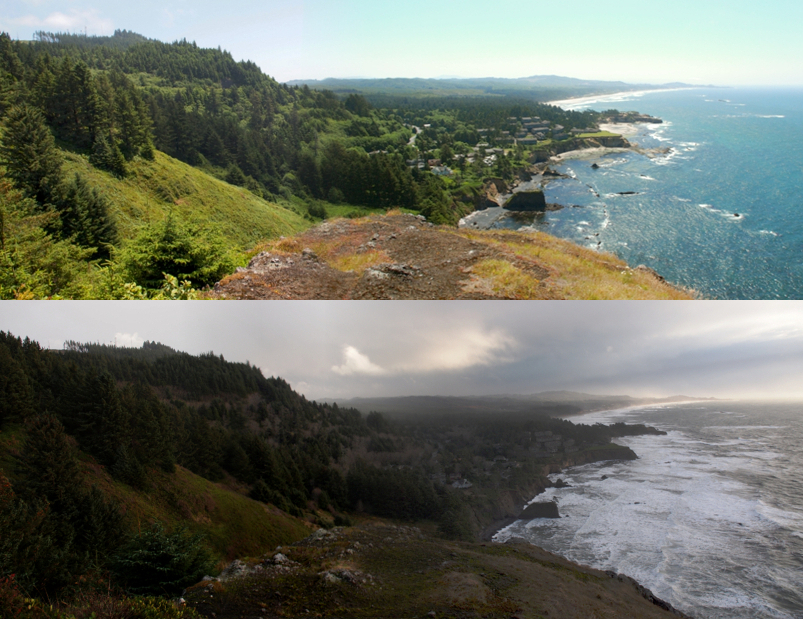 [The sunny image is on top and the cloudy one on bottom. Bother are several images stitched together to show the hillside and the expansive sections of the rocky cape. A number of buildings are visible on the shelf of land above the water.]